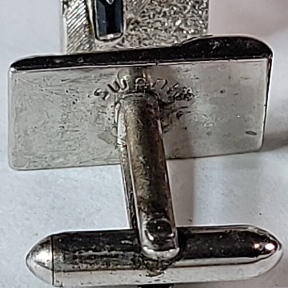 Vintage Swank Chevron 5 Black Stones Silver Tone Cufflinks Tie Tack Whale Back - Picture 6 of 7